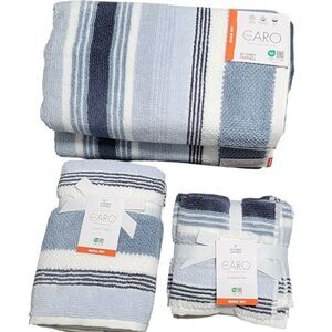 Caro Home 8pc Blue And‎ White Striped Cotton Towel Set 2 Bath 2 Hand 4 Tip NEW